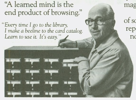 Picture of James Michener standing by a card catalogue