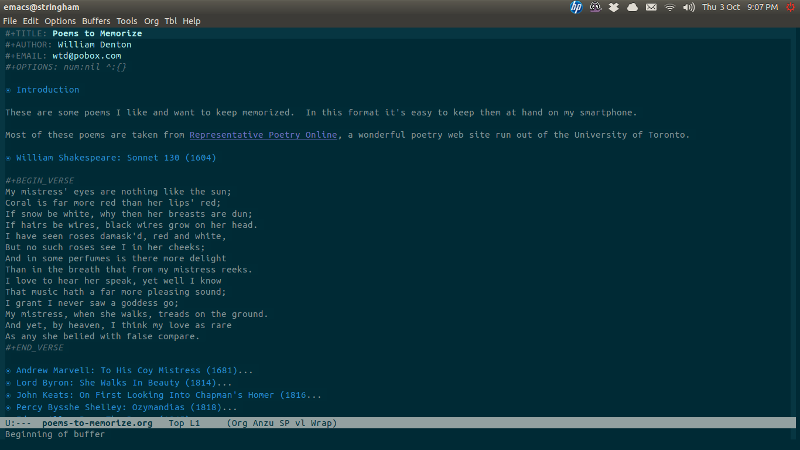 Screenshot of file in Org mode in Emacs
