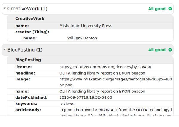 Screenshot of Structured Data Testing Tool results, showing Article and CreativeWork at same level