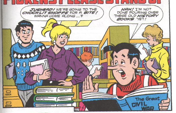 Jughead researching in the library