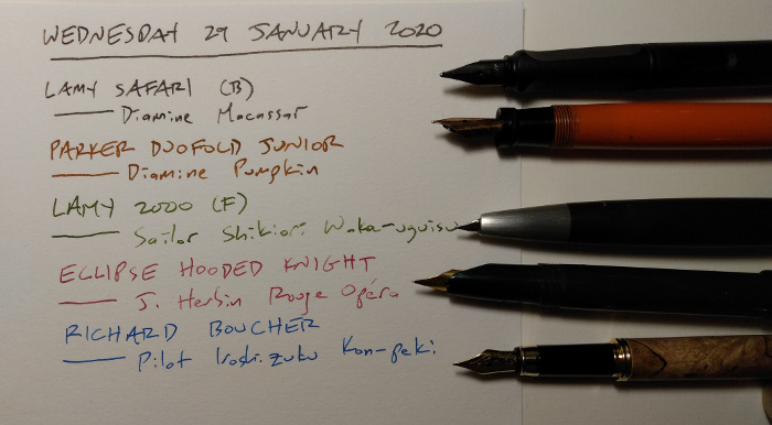 Five pens, with a list of inks